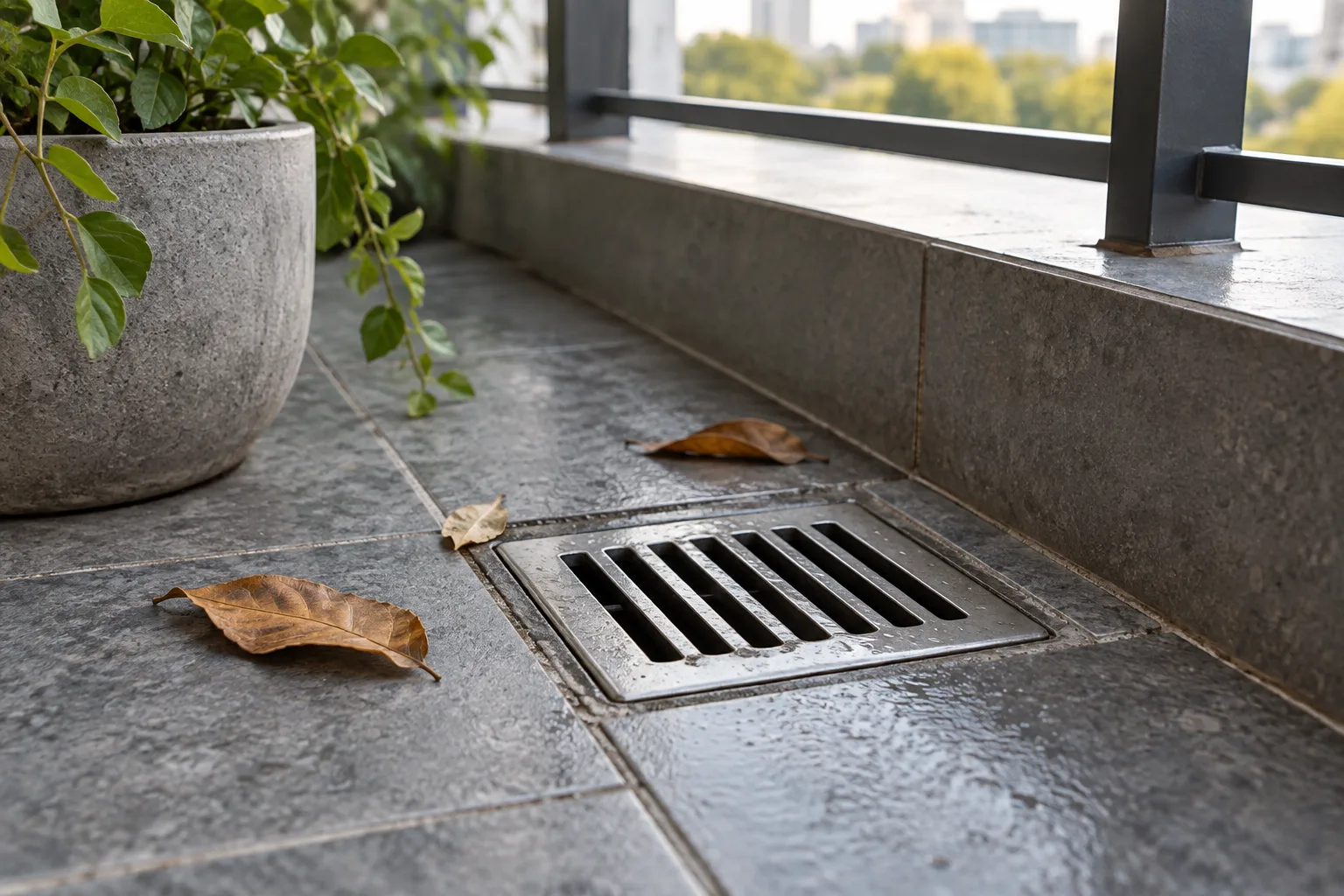 Balkon ızgarası yanında kuru yapraklar