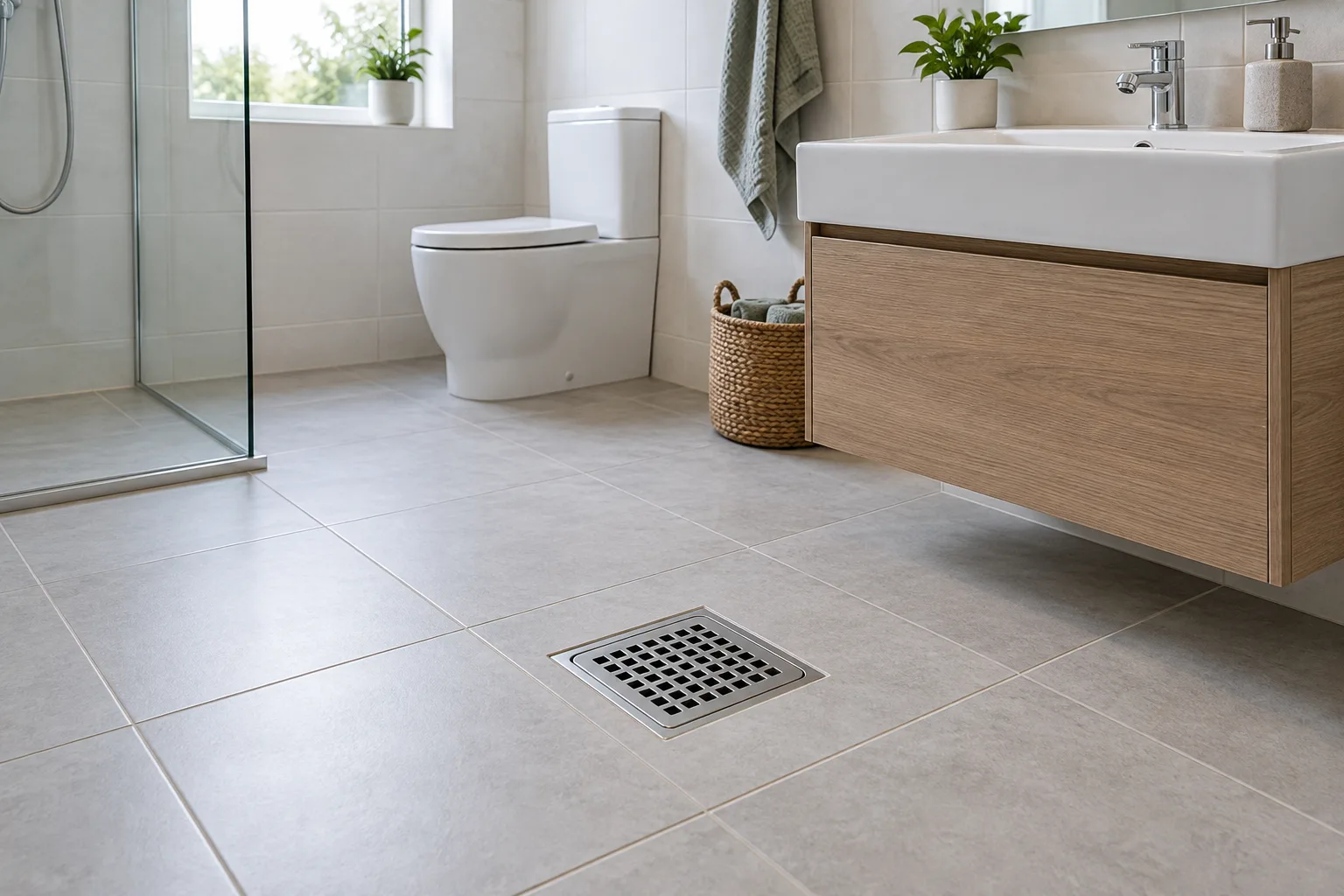Lavabo ve klozet yakınındaki banyo yer süzgeci