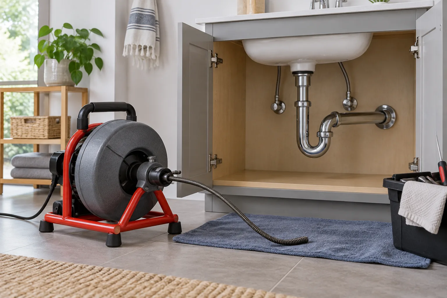 Lavabo altındaki bağlantılar yanında kullanılmayan açma makinesi