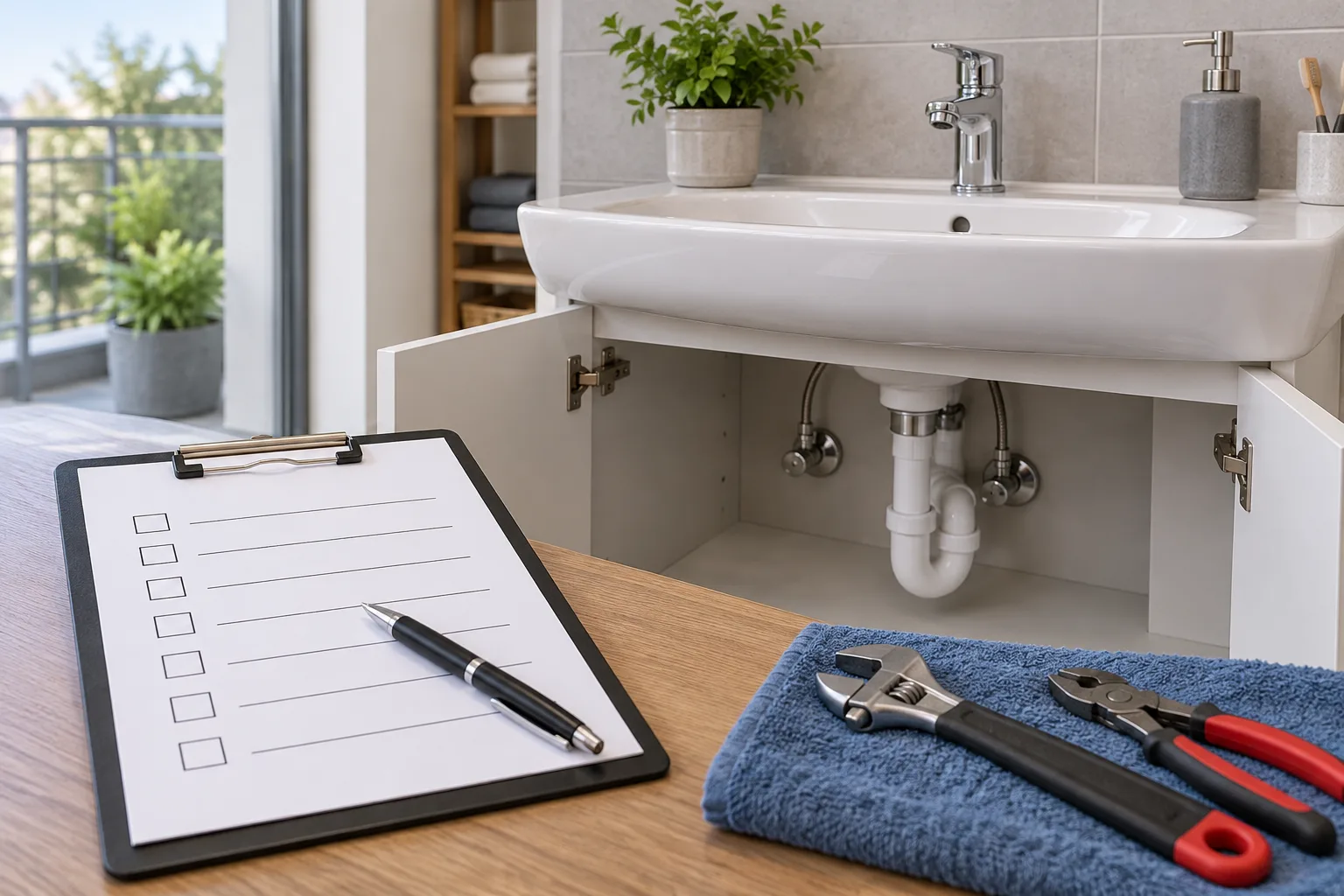 Lavabo yanında kayıt panosu ve bakım aletleri