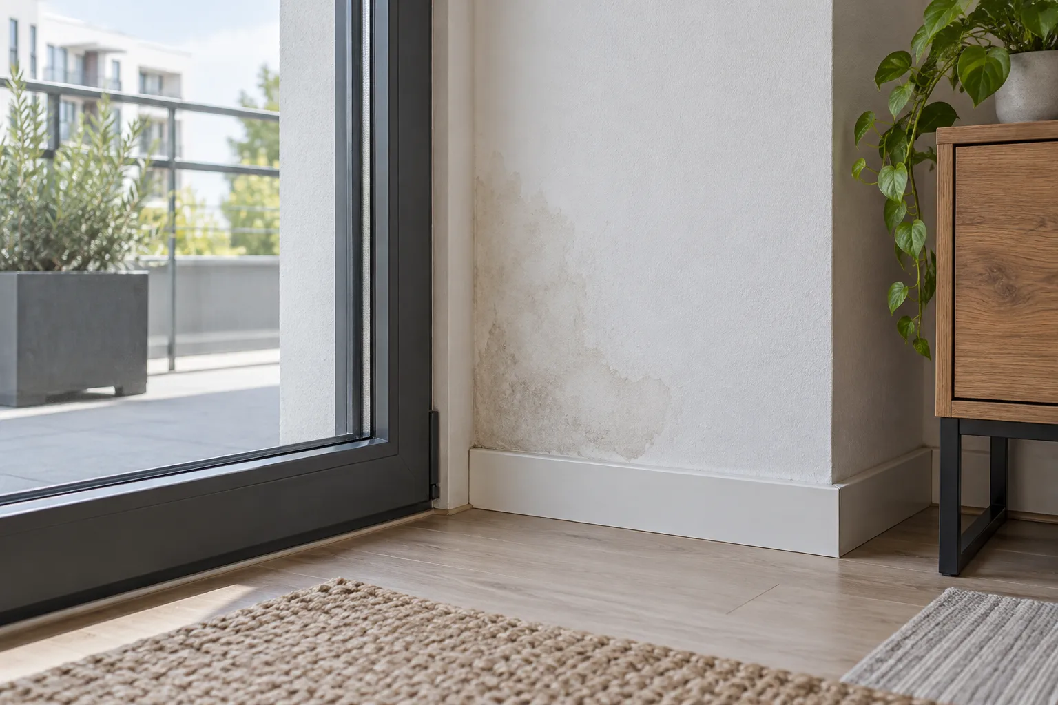 Balkon kapısı yakınında duvardaki hafif leke