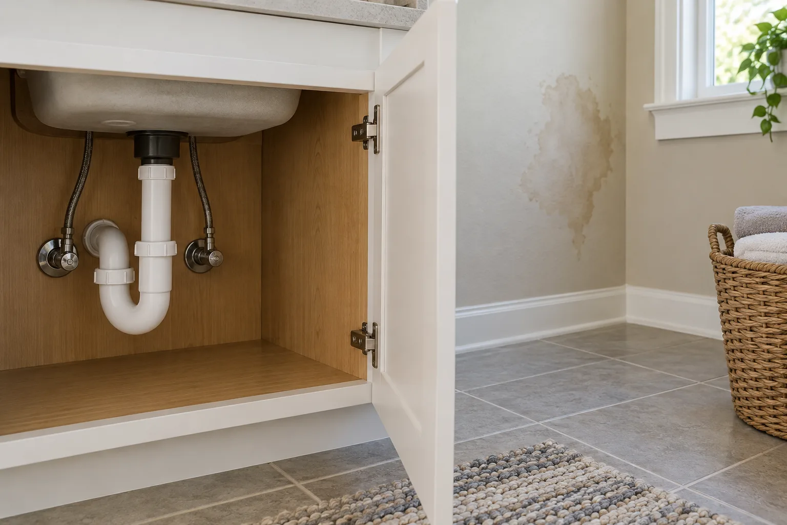 Açık lavabo dolabının yanındaki duvarda su izi