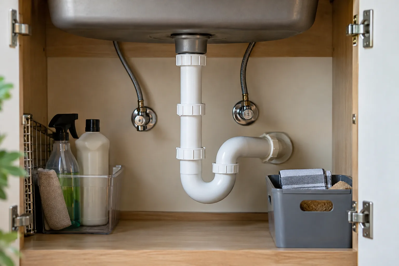 Lavabo dolabında görünen sifon ve besleme bağlantıları