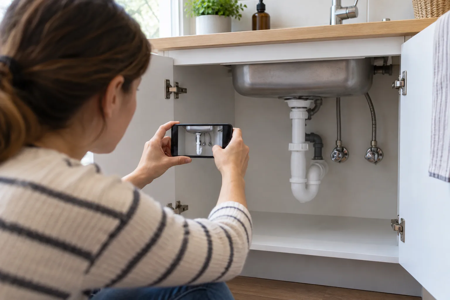 Lavabo altı bağlantılarını dışarıdan fotoğraflayan kullanıcı
