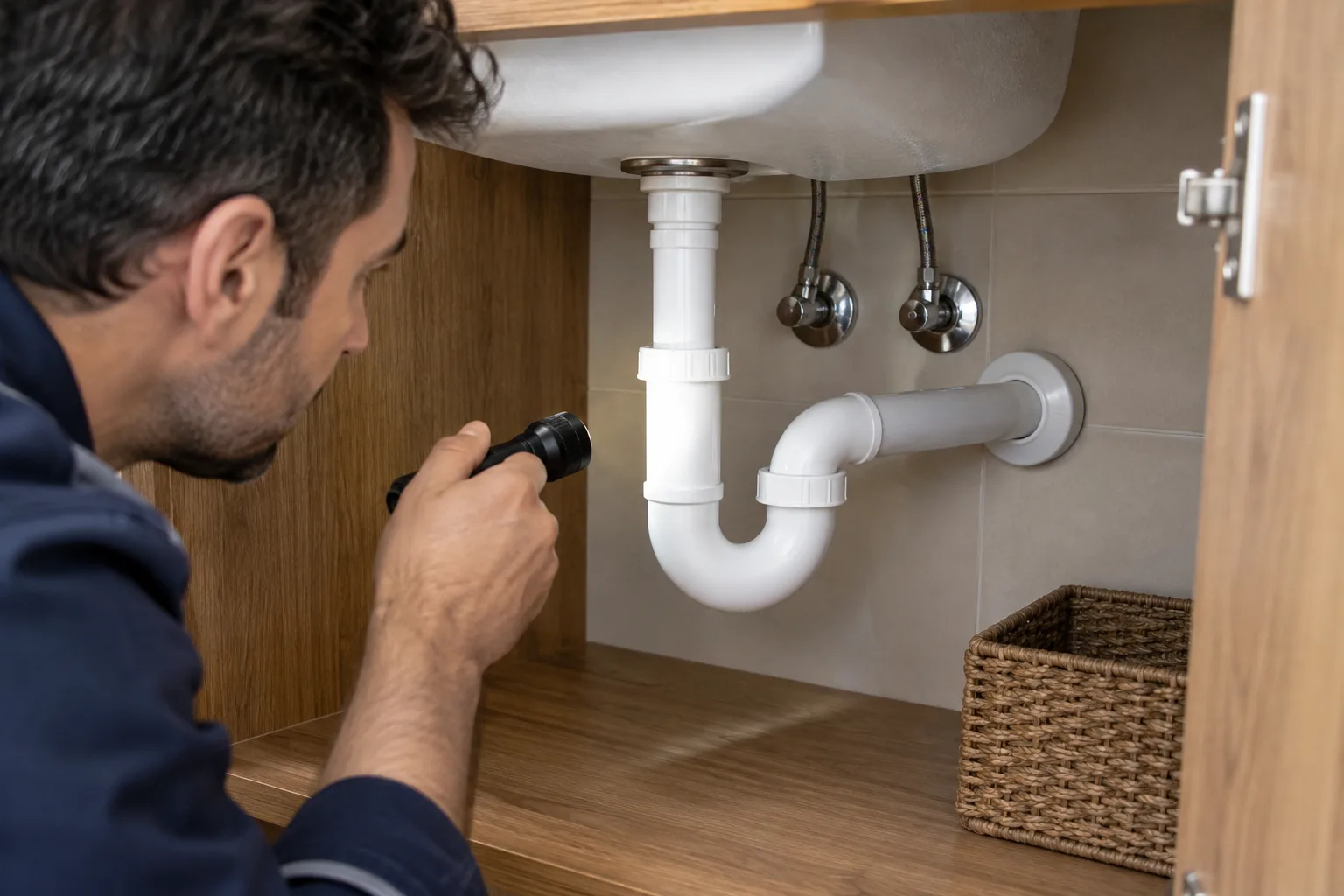 Lavabo sifonunun dolap içindeki bağlantı rotasının kontrol edilmesi