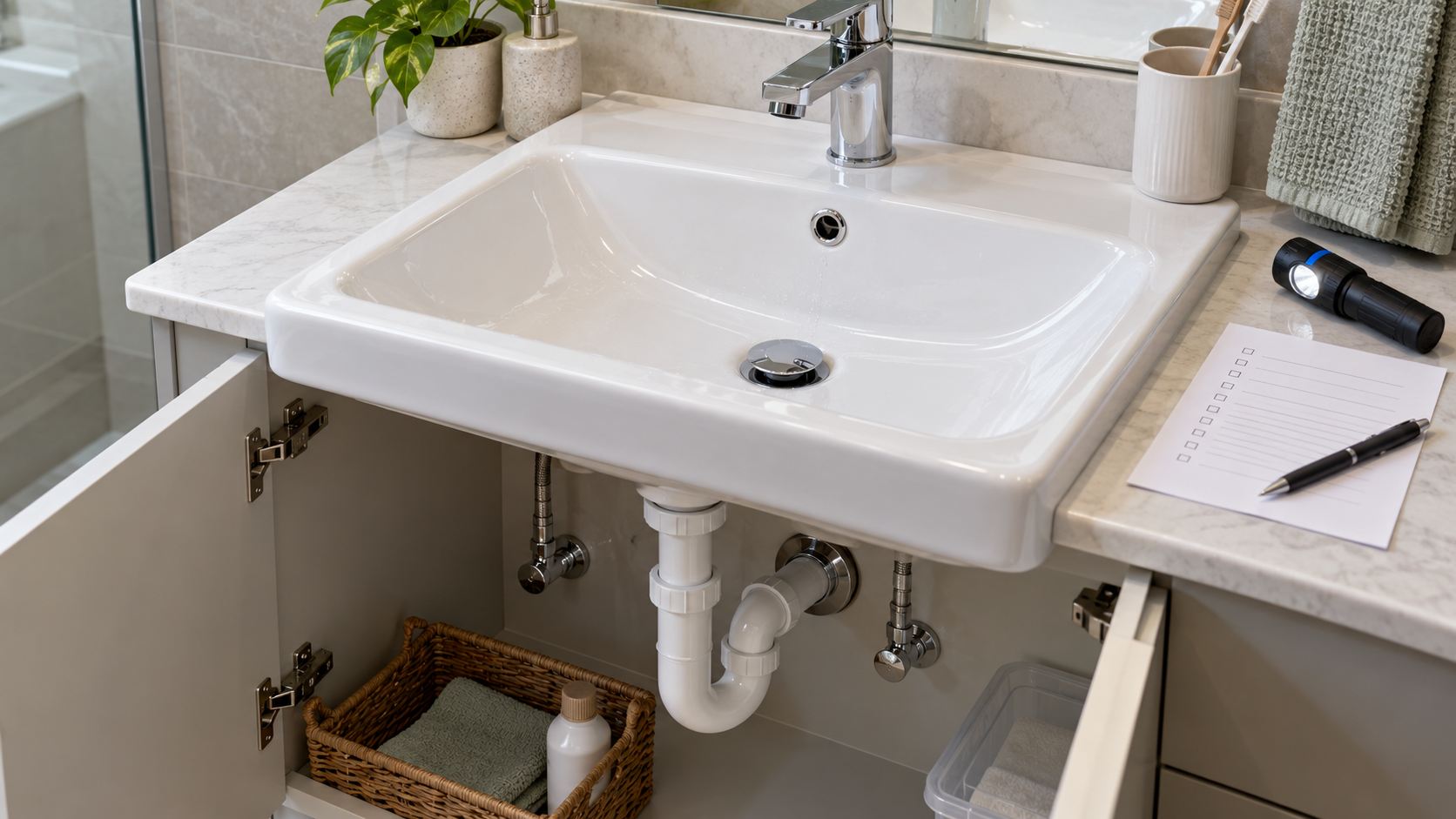 Banyo lavabosunun taşma deliği, gideri, sifonu ve son kontrol notları birlikte görülüyor