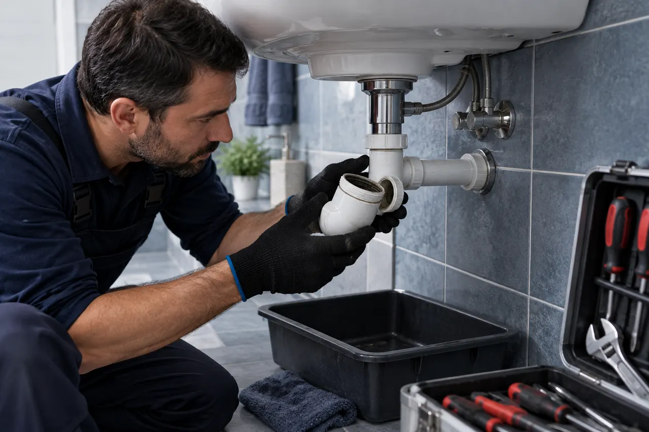 Banyo lavabosunun sifon bölümünü korumalı çalışma alanında kontrol eden teknisyen.