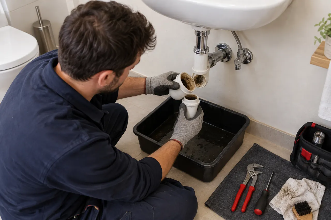 Banyo giderinin sökülmüş sifon bölümünü toplama tepsisi üzerinde inceleyen teknisyen.