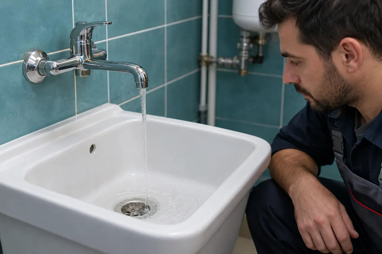 Lavabodan ölçülü su verilerek gider akışının gözlemlendiği işlem sonrası kontrol sahnesi.