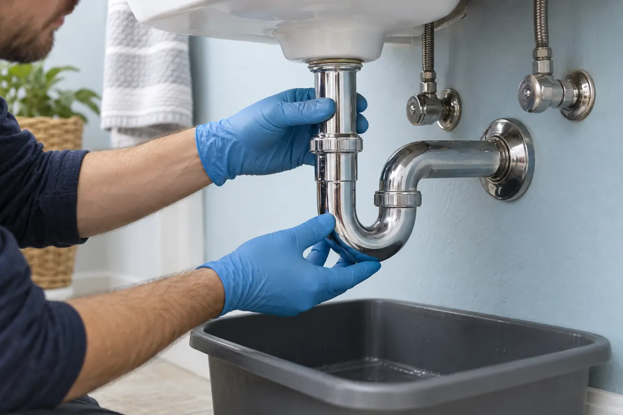 Banyo lavabosunun sifon ve duvar gideri bağlantısını yakından gösteren inceleme sahnesi.