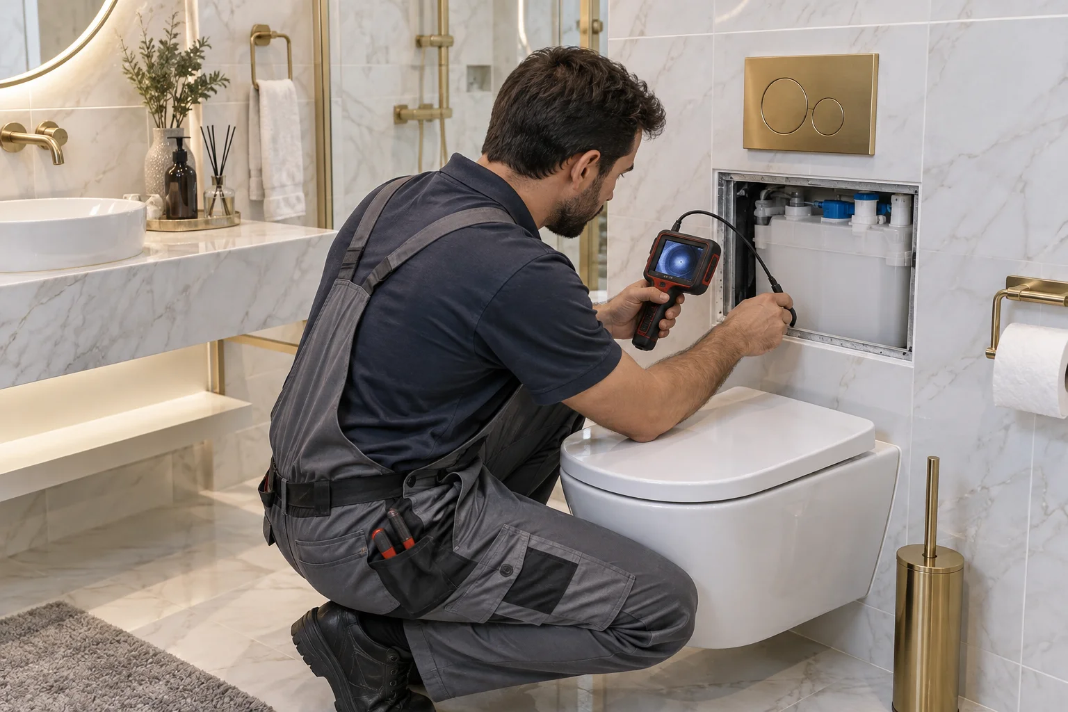 Gömme rezervuar servis açıklığında görüntüleme cihazıyla inceleme yapan teknisyen