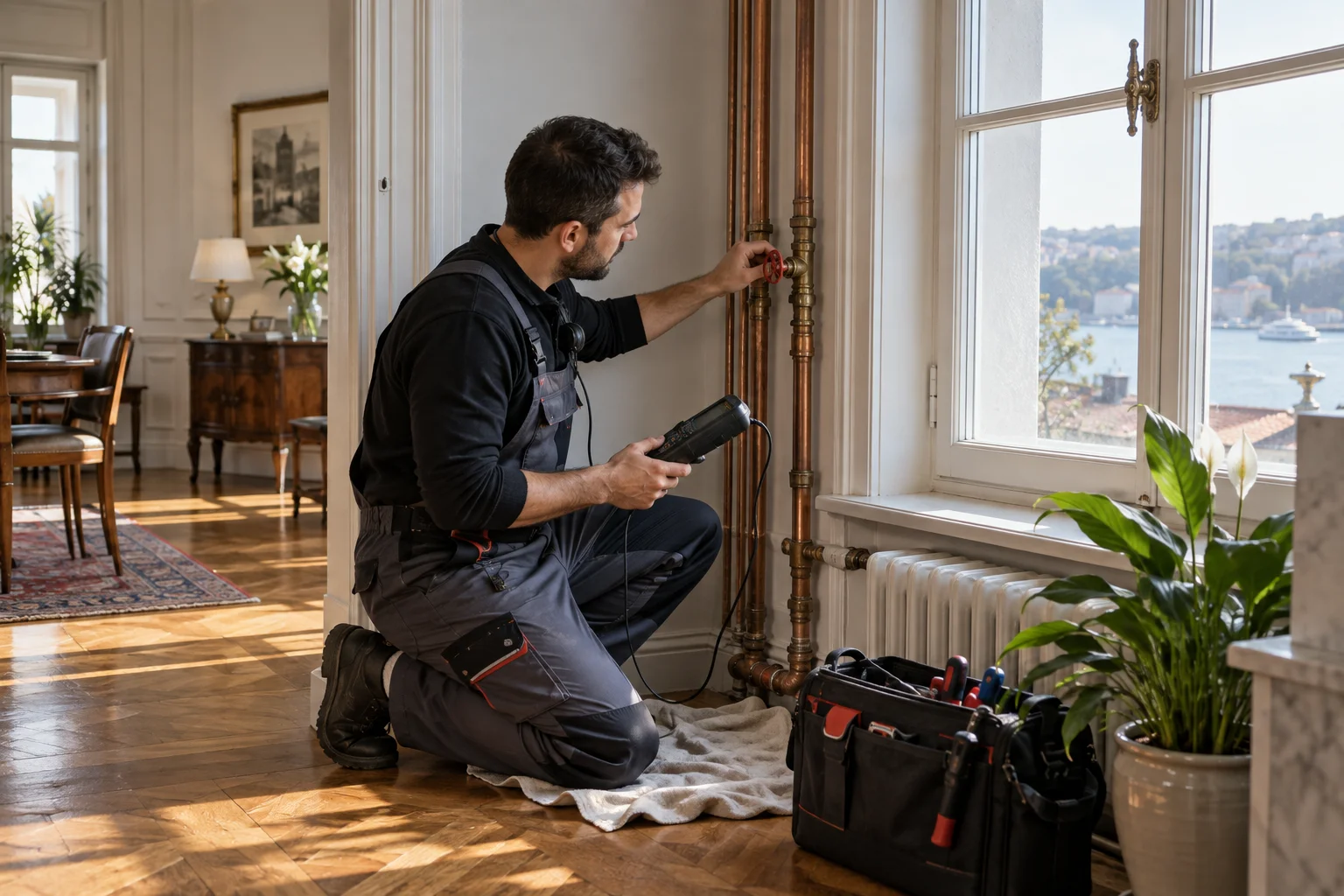 Pencere yanındaki boru bağlantılarını inceleyen teknisyen