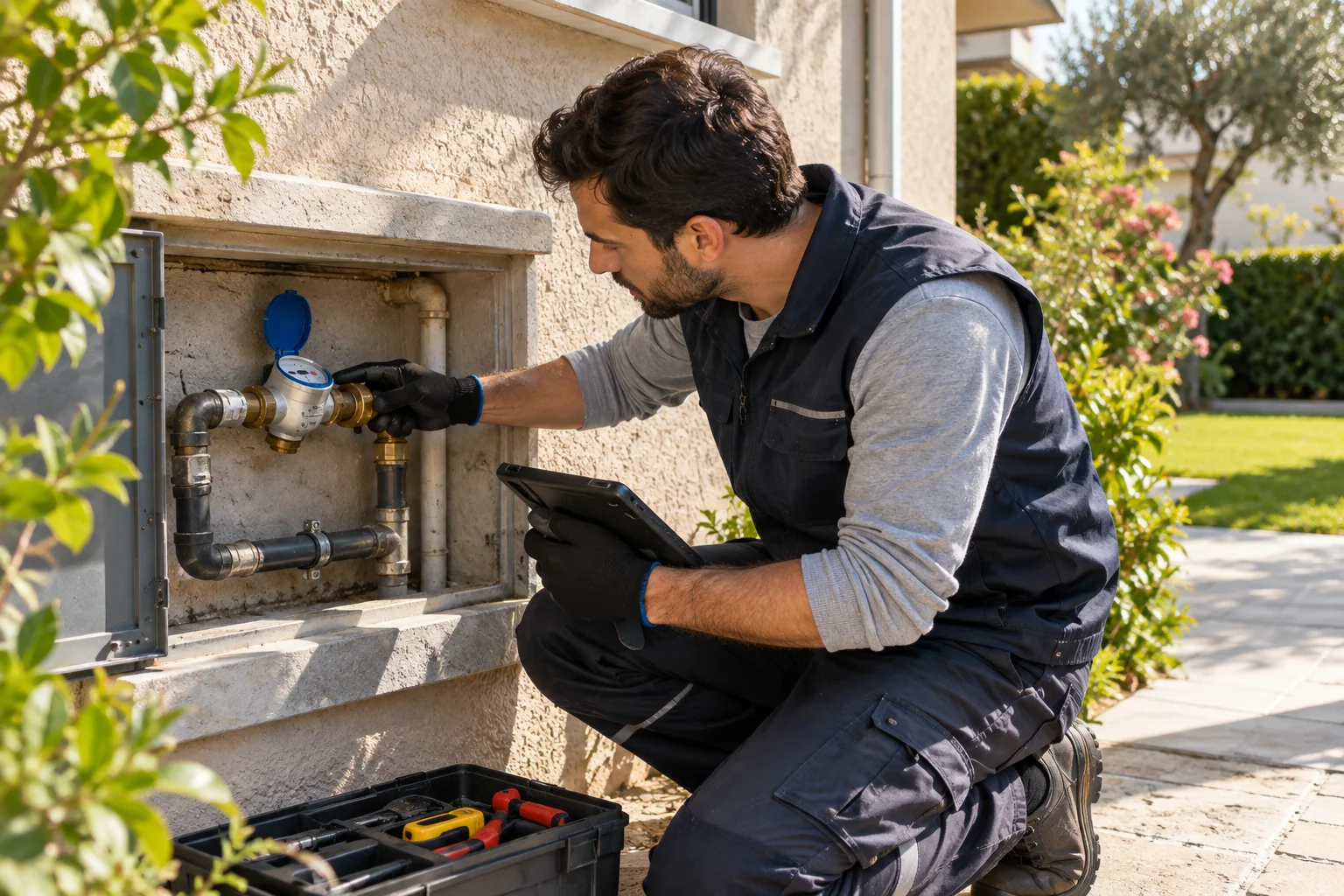 Bahçedeki servis dolabında tesisat bağlantılarını inceleyen teknisyen