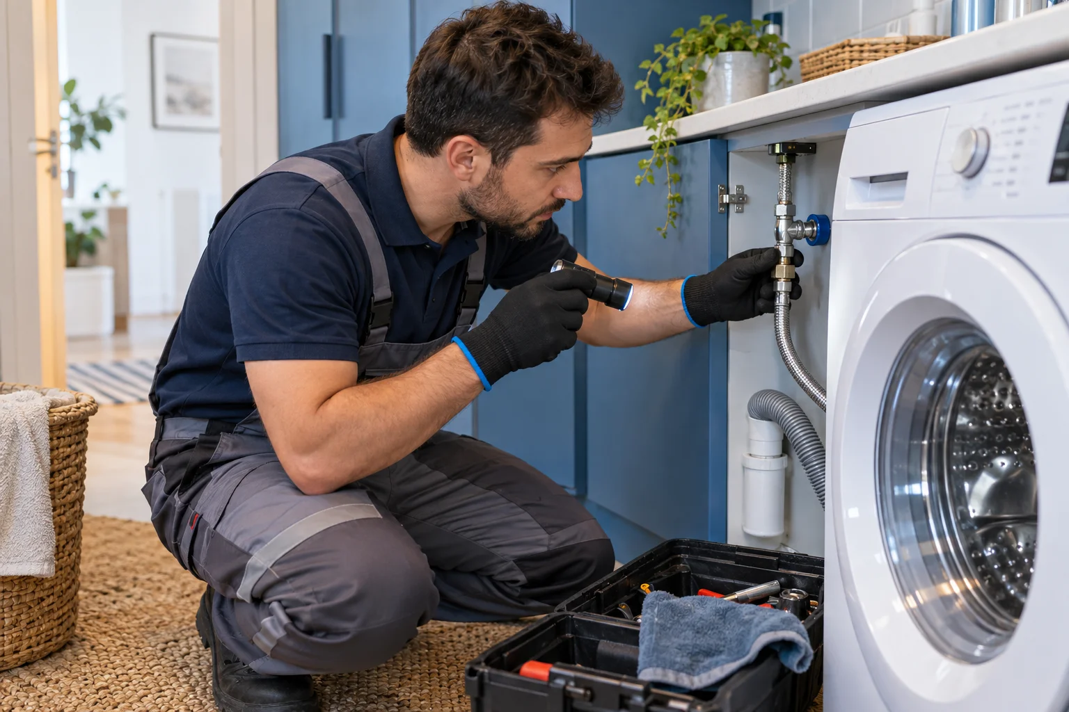Çamaşır makinesi yanındaki servis dolabında inceleme yapan teknisyen