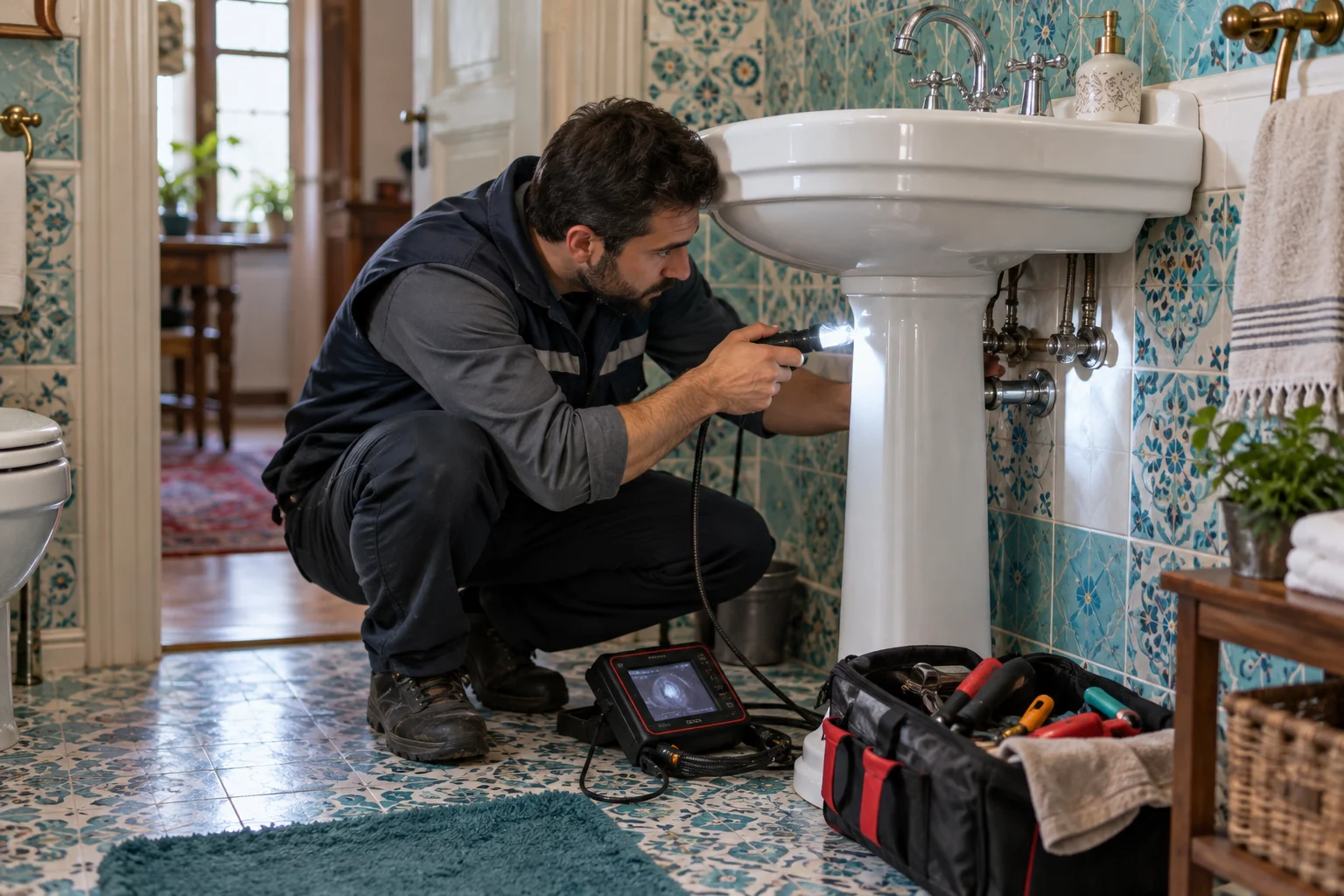 Lavabo altındaki boru birleşimini inceleyen teknisyen