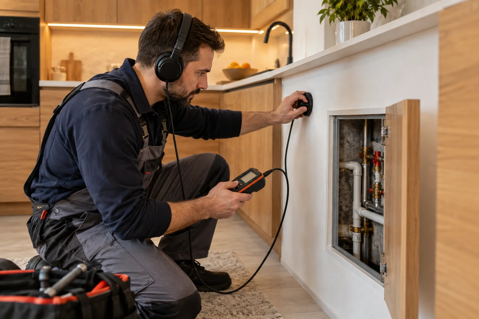 Servis açıklığındaki boru bağlantılarını dinleme ekipmanıyla inceleyen teknisyen