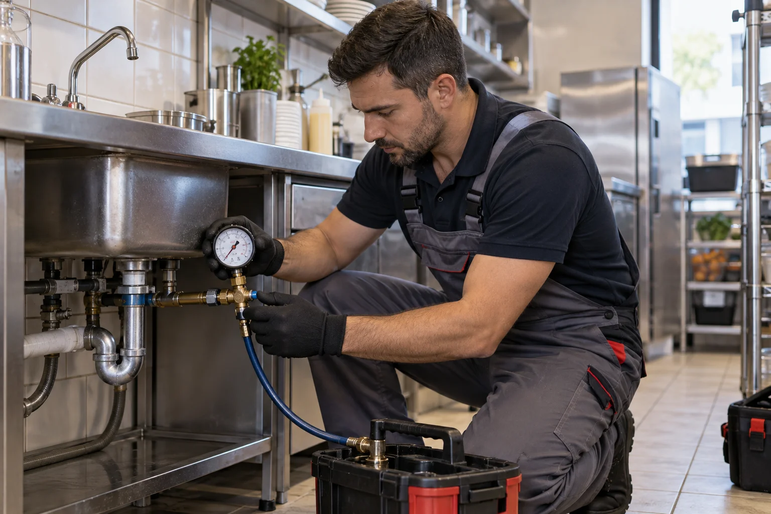 Lavabo altındaki bağlantıda basınç göstergeli ekipmanla inceleme yapan teknisyen