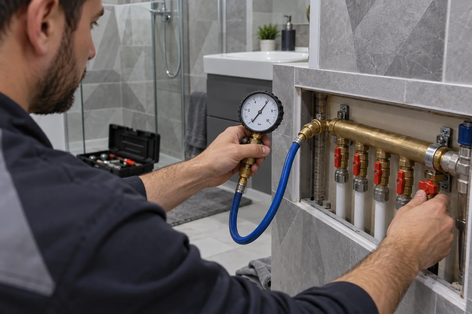 Servis açıklığındaki su bağlantısında basınç göstergesiyle inceleme