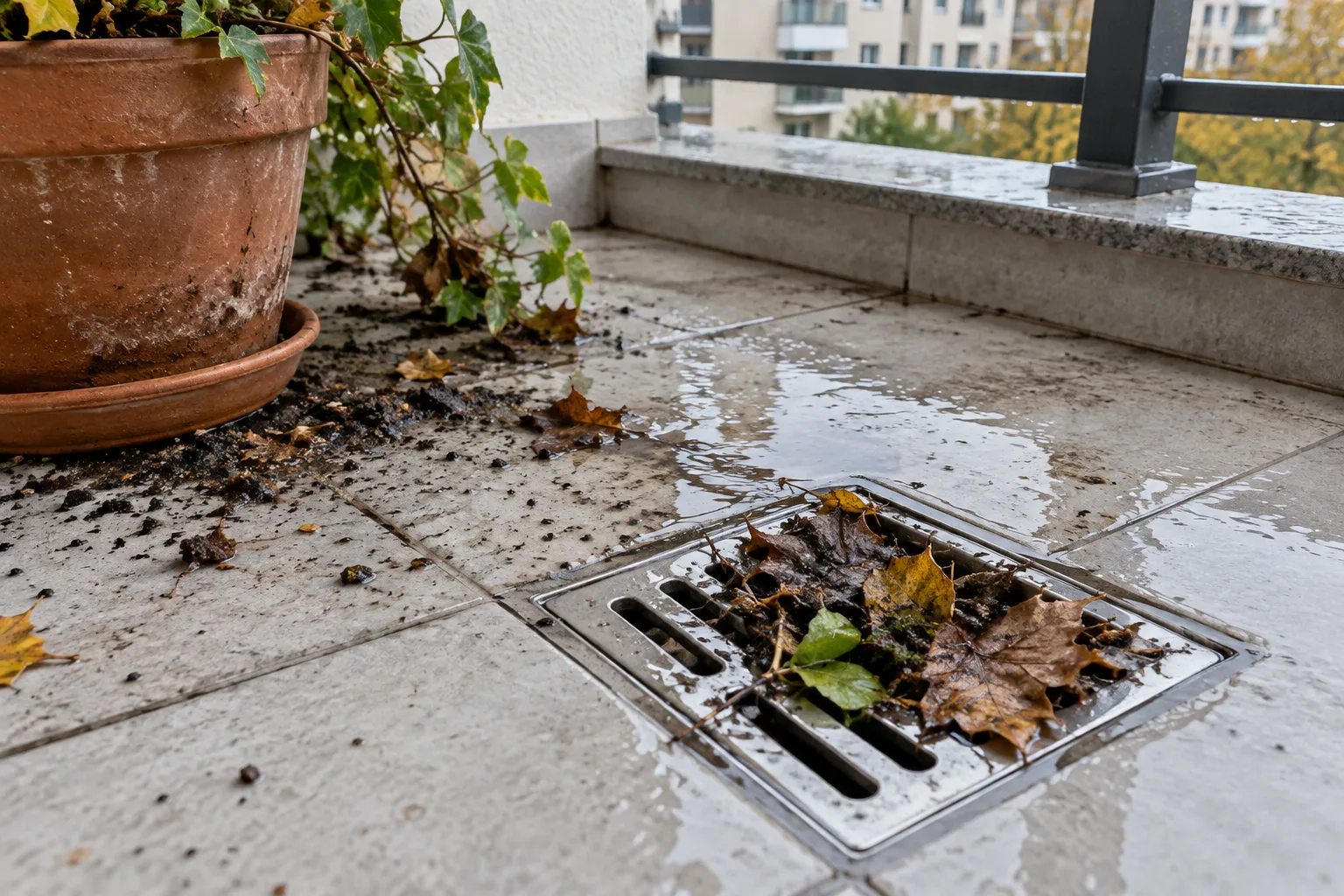 Balkon giderinin üzerinde biriken yapraklar, saksı toprağı ve yağmur suyu