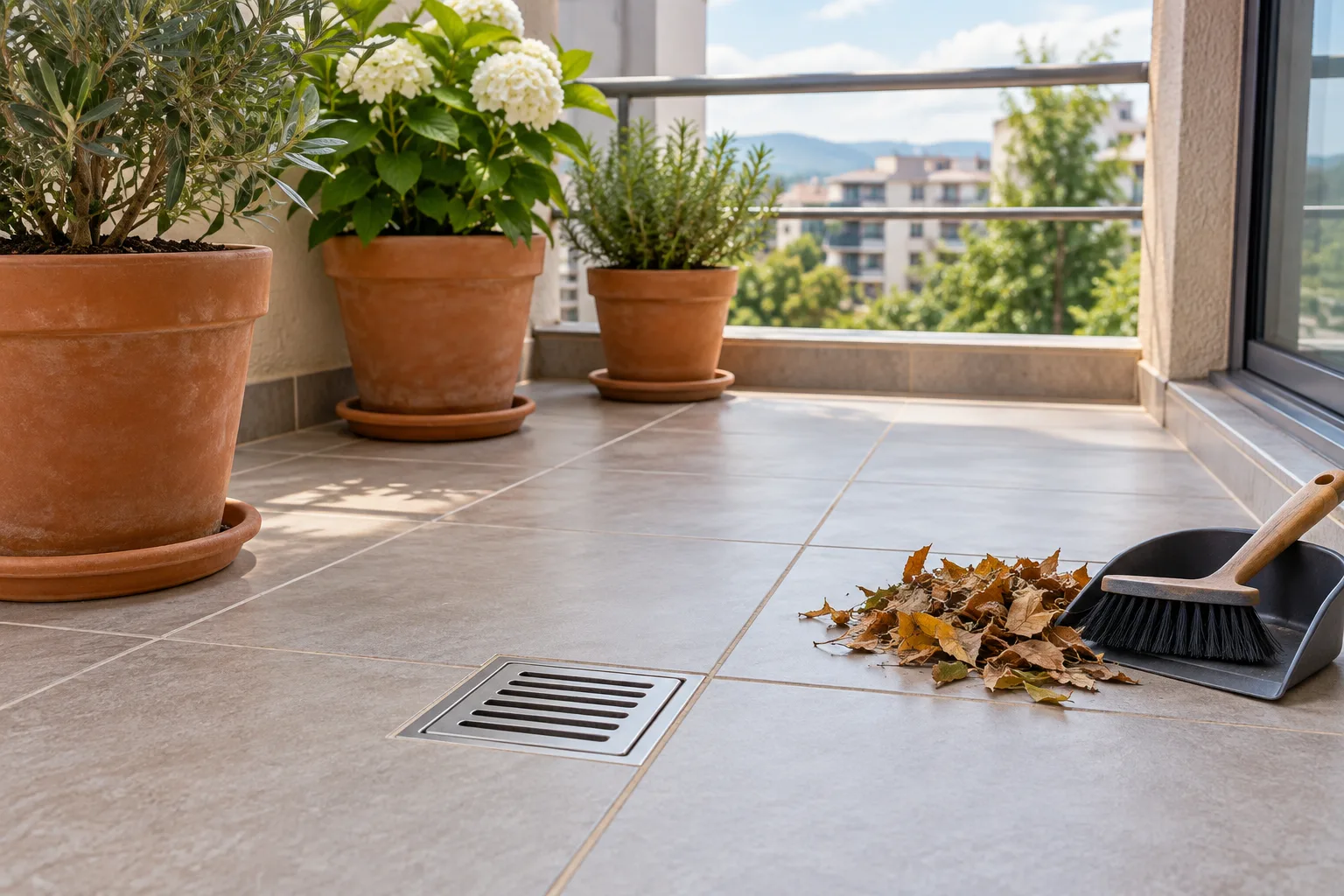 Saksılardan uzakta açık tutulan balkon süzgeci ve temizlik araçları