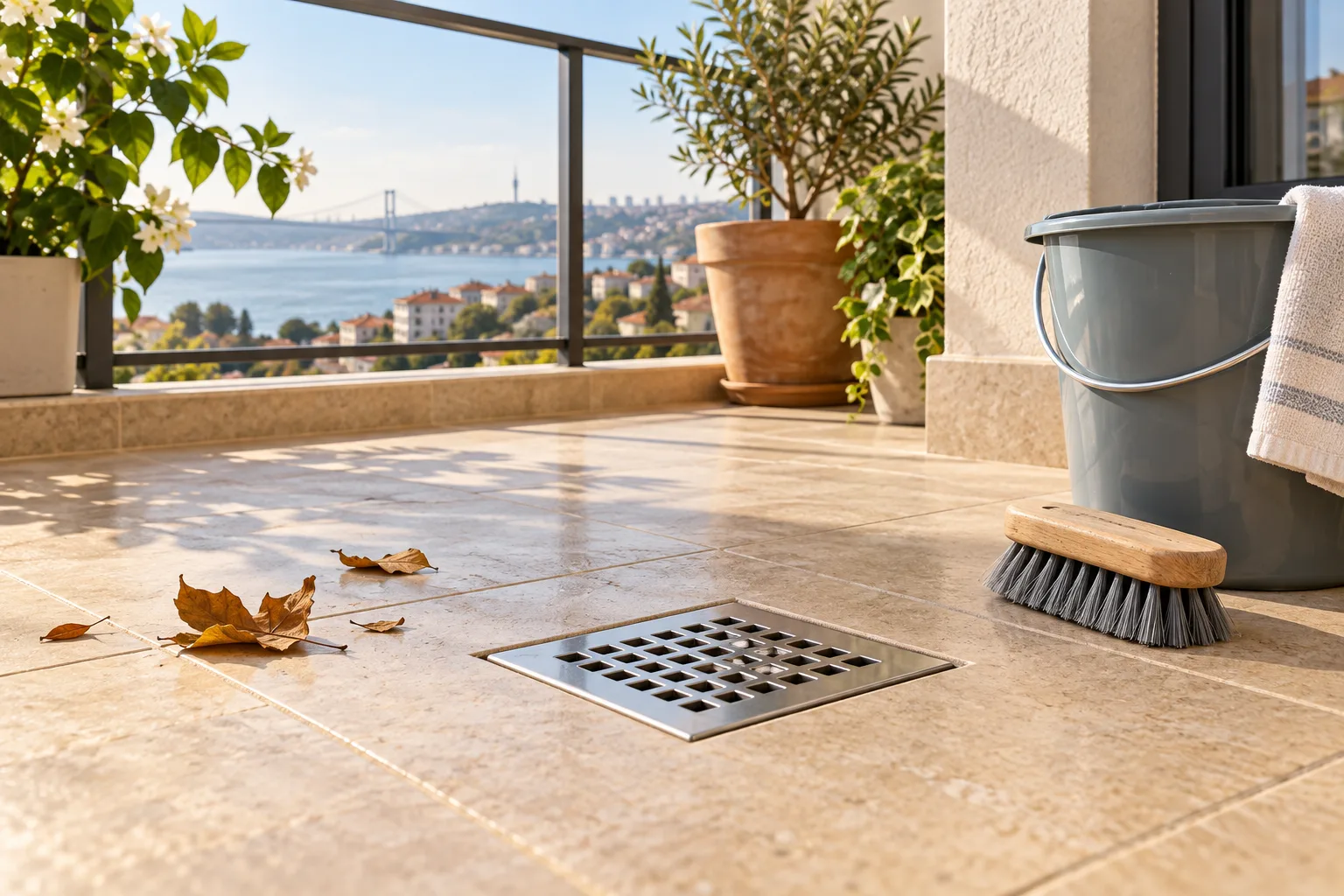 Balkon gideri süzgeci yanında temizlik fırçası ve kova