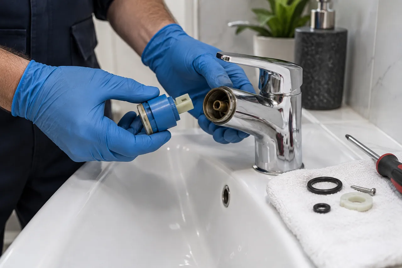 Banyo lavabosundaki damlatan musluğun kartuş ve conta parçalarını kontrol eden tesisat ustası.