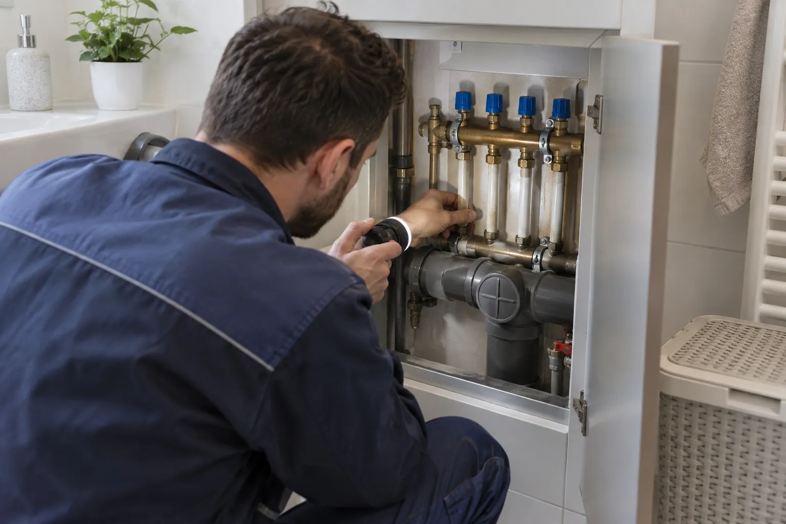 Servis dolabındaki tesisat bağlantılarını inceleyen teknisyen