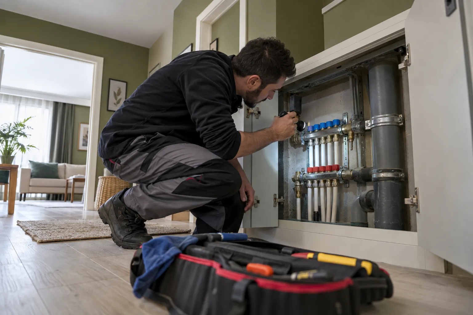 Servis dolabındaki dağıtım bağlantılarını inceleyen teknisyen