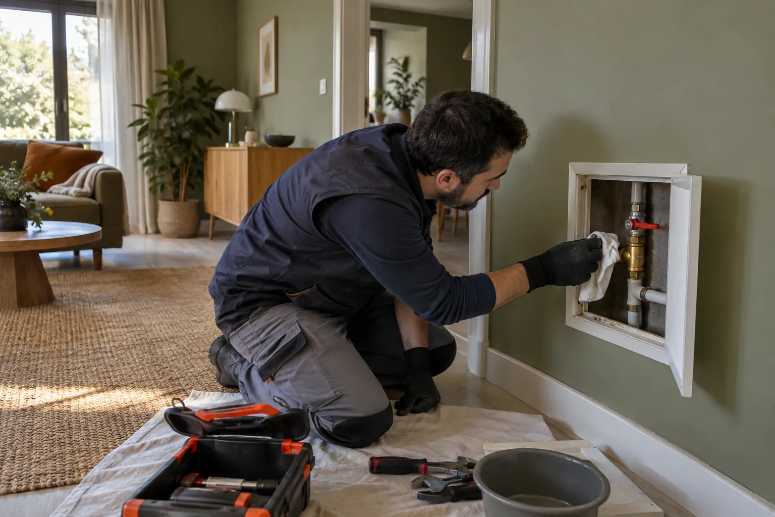 Duvar açıklığındaki boru bağlantısında çalışan teknisyen