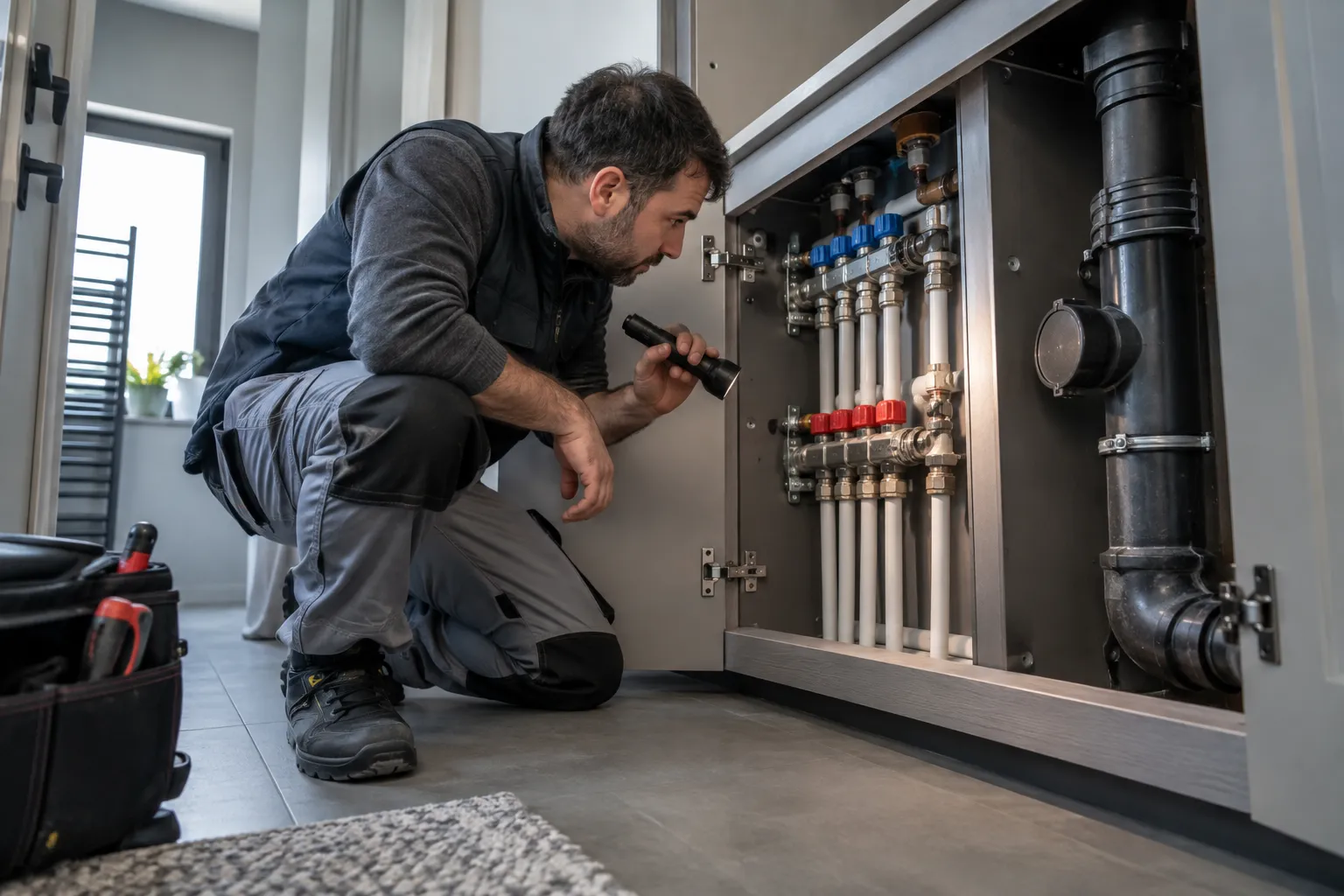 Servis açıklığındaki su bağlantılarını inceleyen teknisyen