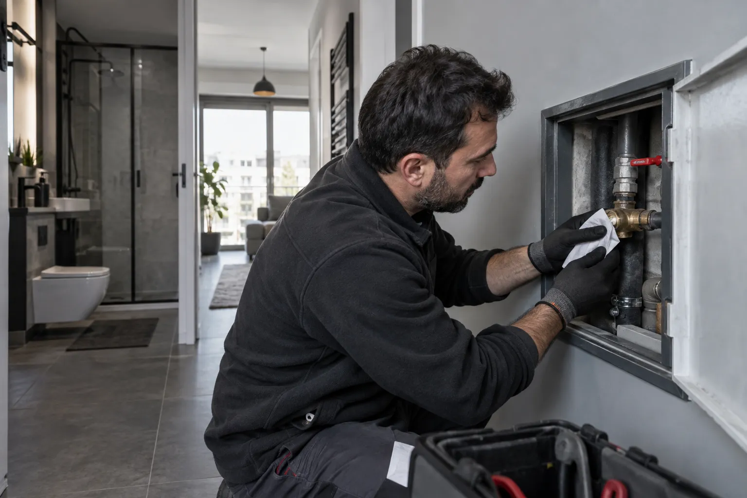 Servis açıklığındaki bağlantıda çalışan teknisyen