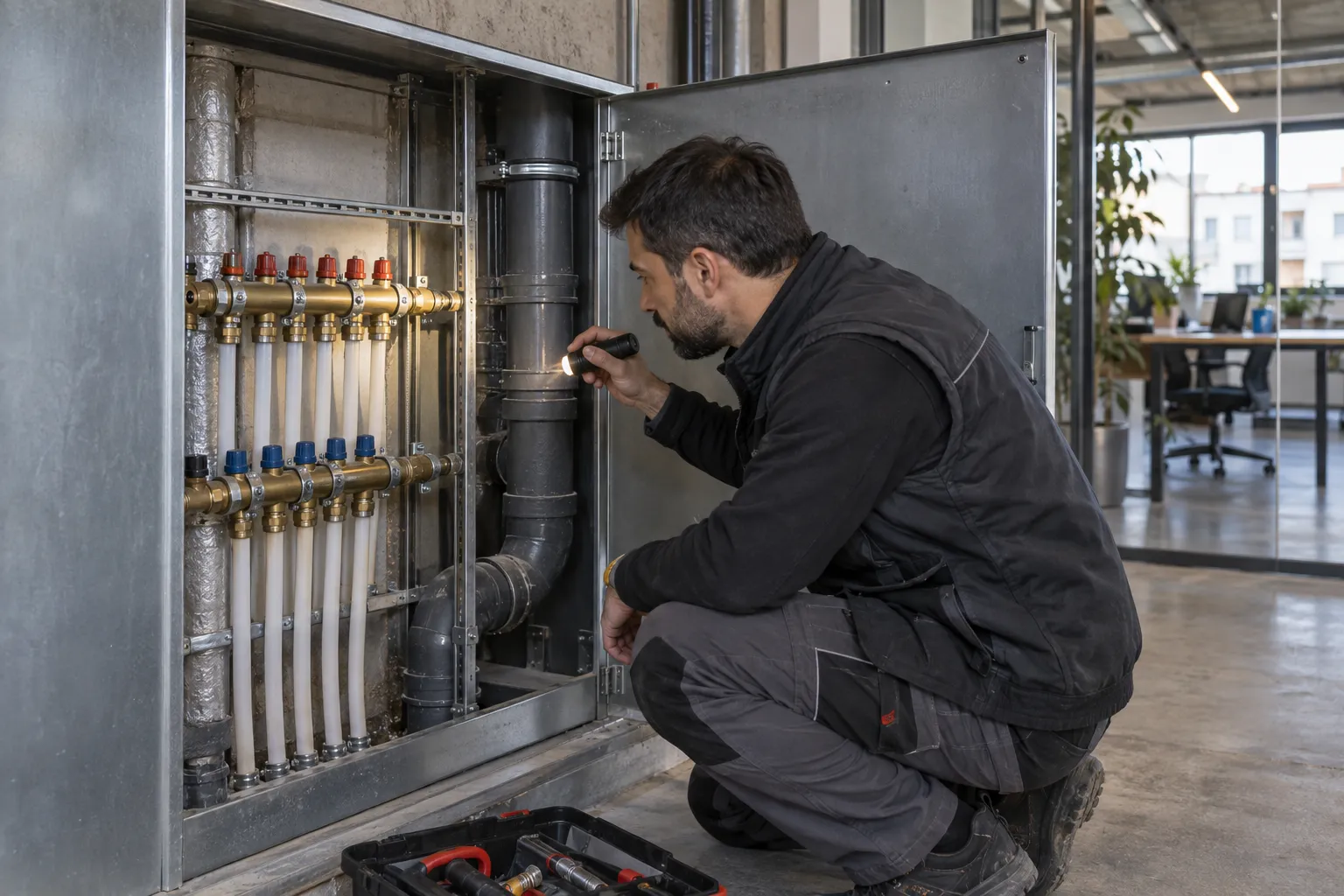 Servis dolabındaki boru bağlantılarını kontrol eden teknisyen