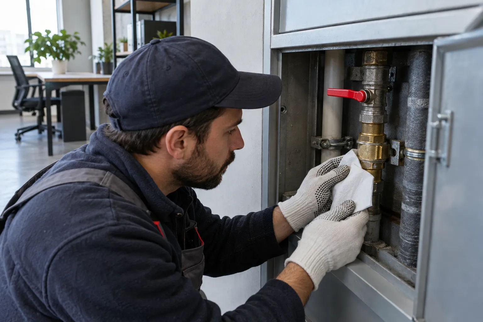 Açık bağlantıdaki metal parçaya aletle müdahale eden teknisyen