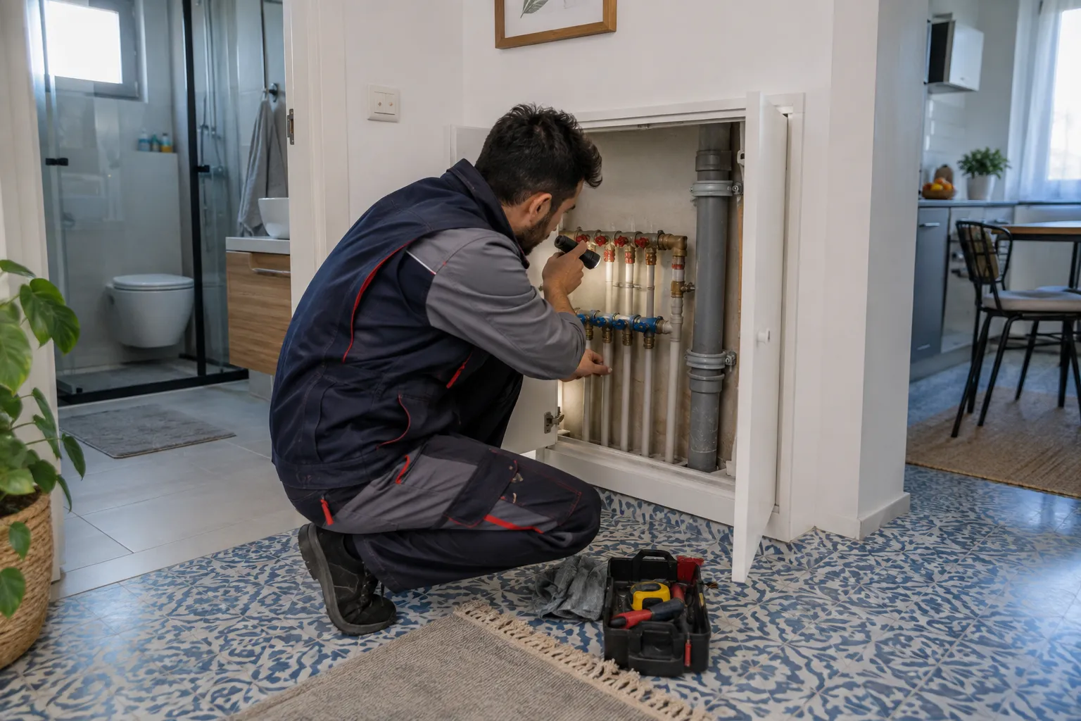 Dolap içindeki boru bağlantılarını inceleyen teknisyen