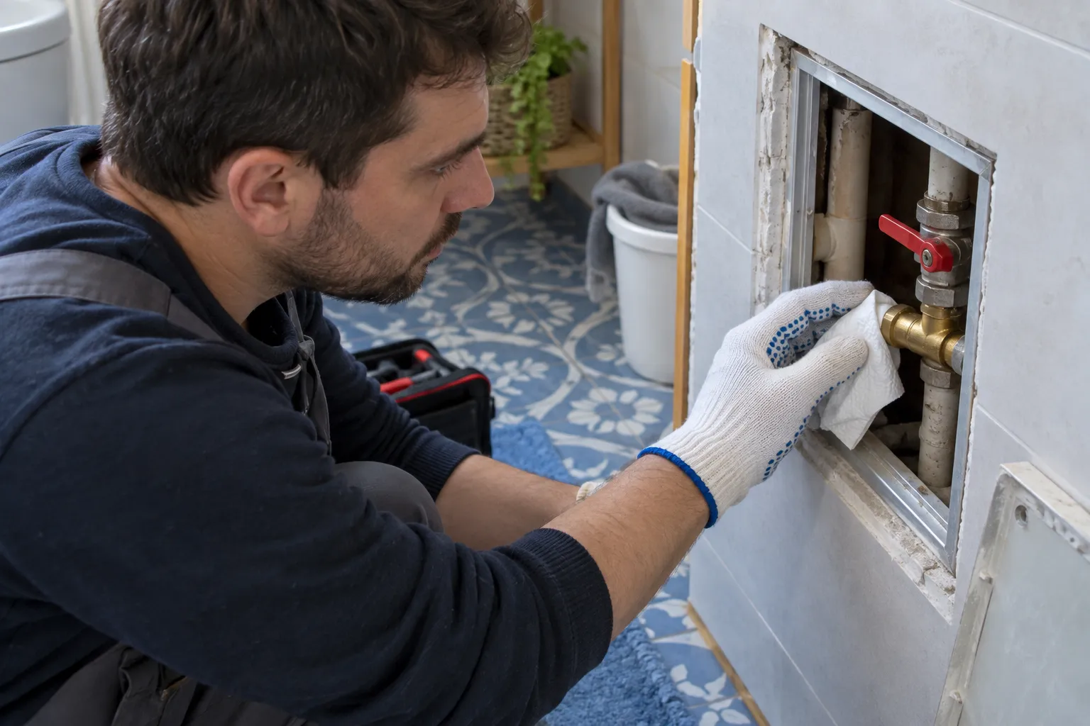 Servis açıklığındaki boru birleşiminde çalışan teknisyen