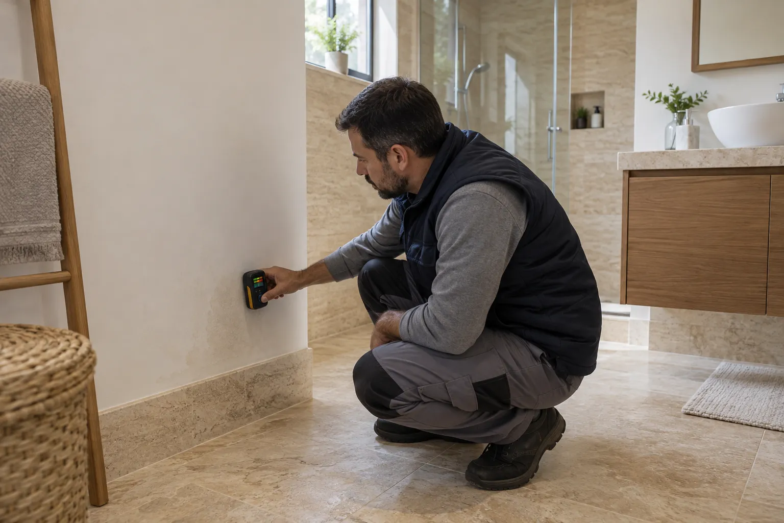 Banyo duvarının alt bölümünde el cihazıyla ölçüm yapan teknisyen