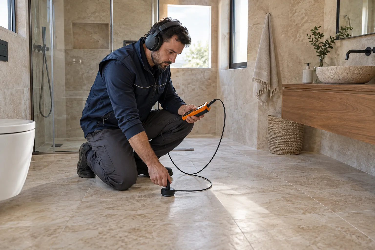 Banyo zemininde kablolu dinleme ekipmanını kullanan teknisyen