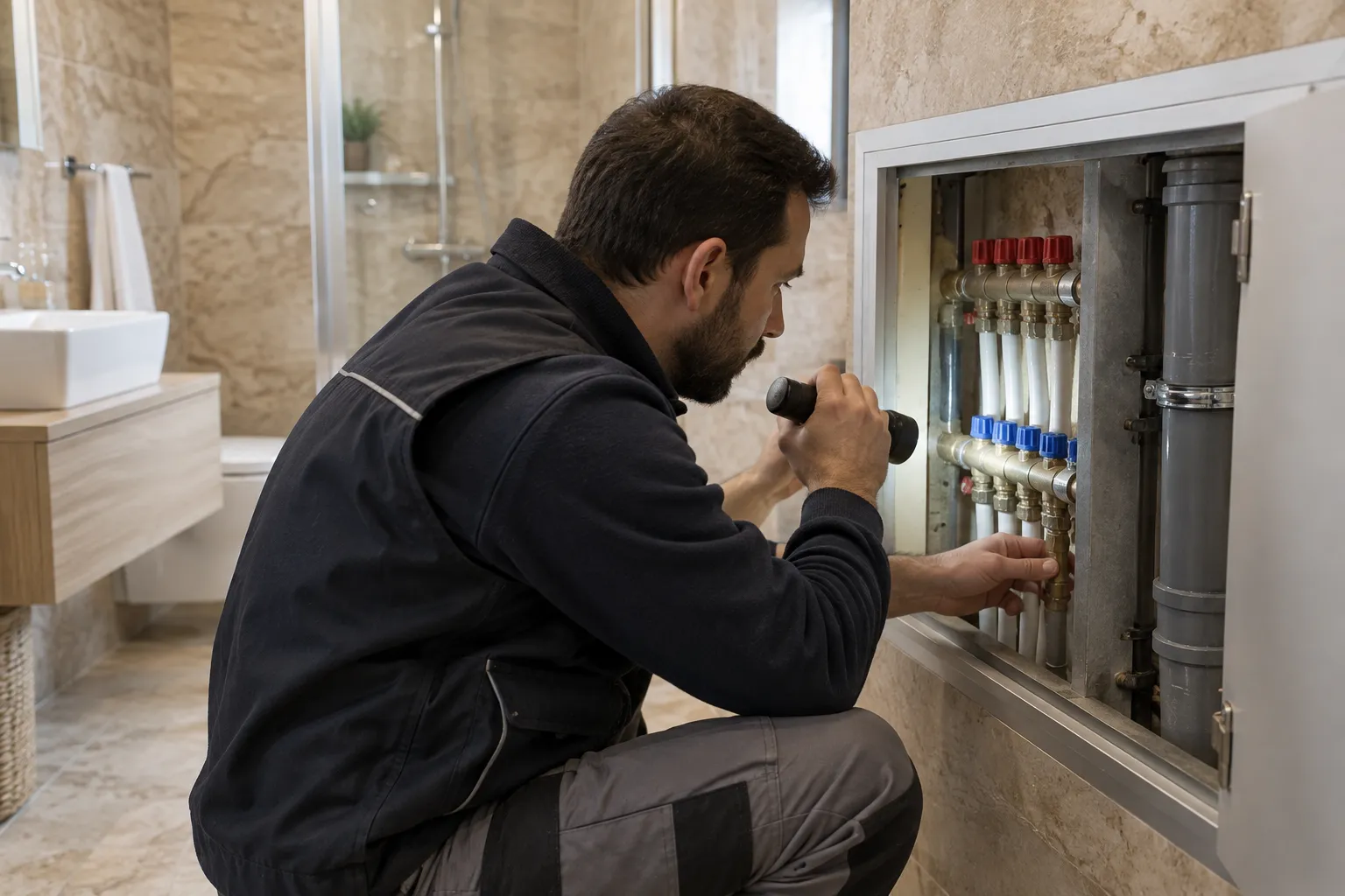 Servis dolabındaki tesisat bağlantılarını inceleyen teknisyen