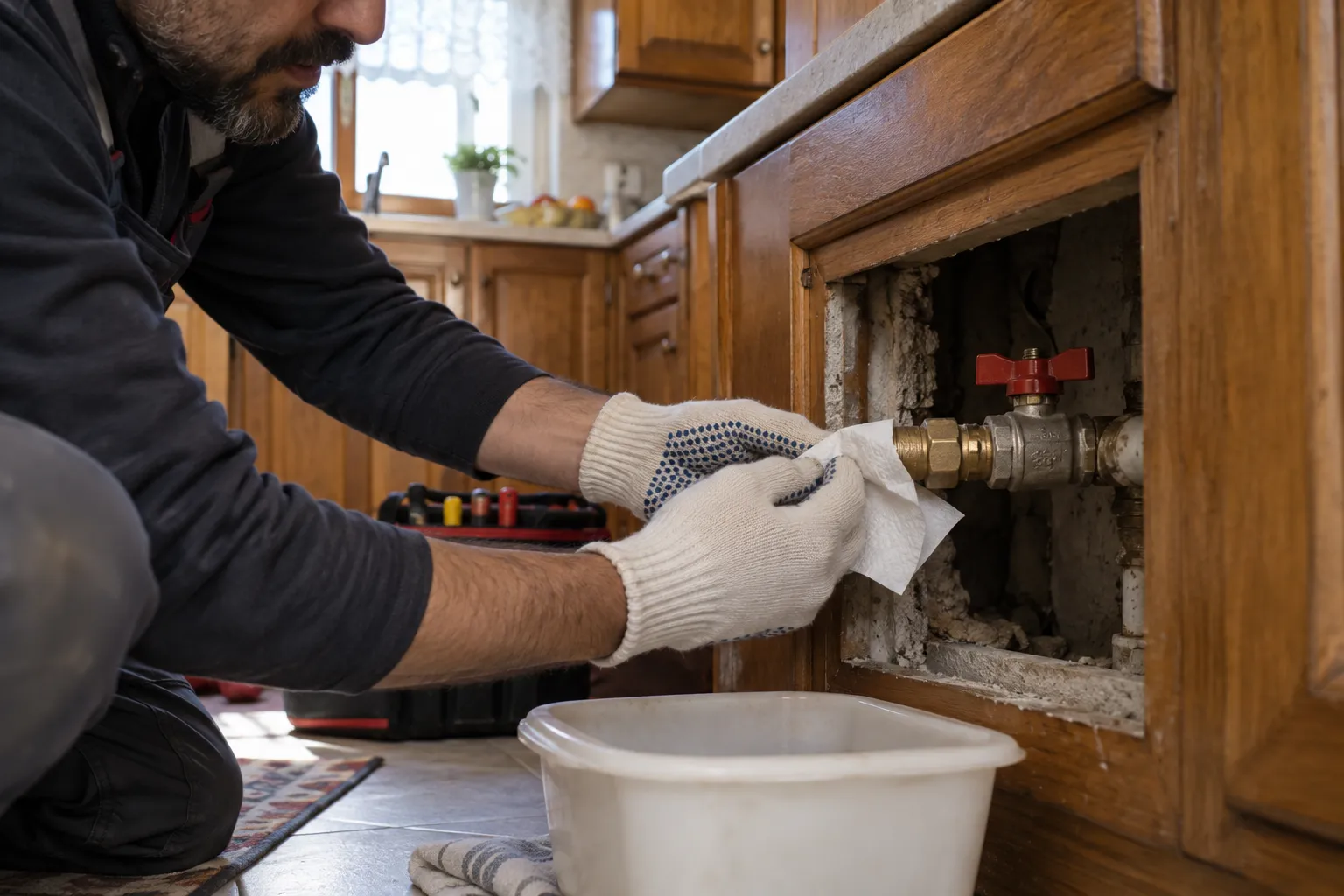 Servis açıklığındaki boru birleşiminde aletle çalışan teknisyen