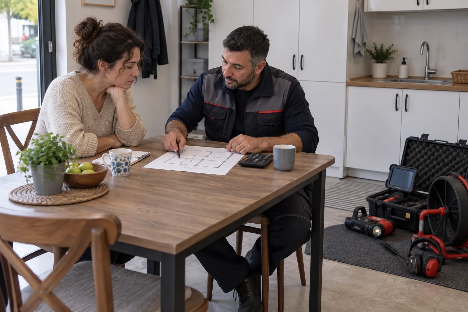 Kullanıcıyla masa başında inceleme kapsamını görüşen teknisyen