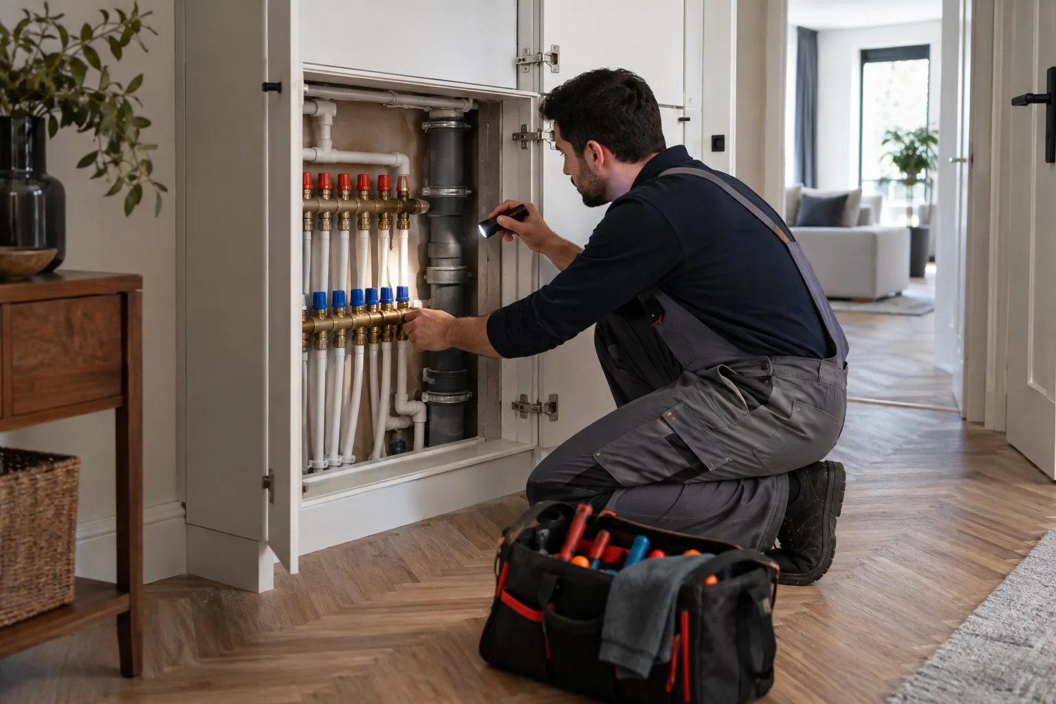 Servis dolabındaki tesisat bağlantılarını inceleyen teknisyen