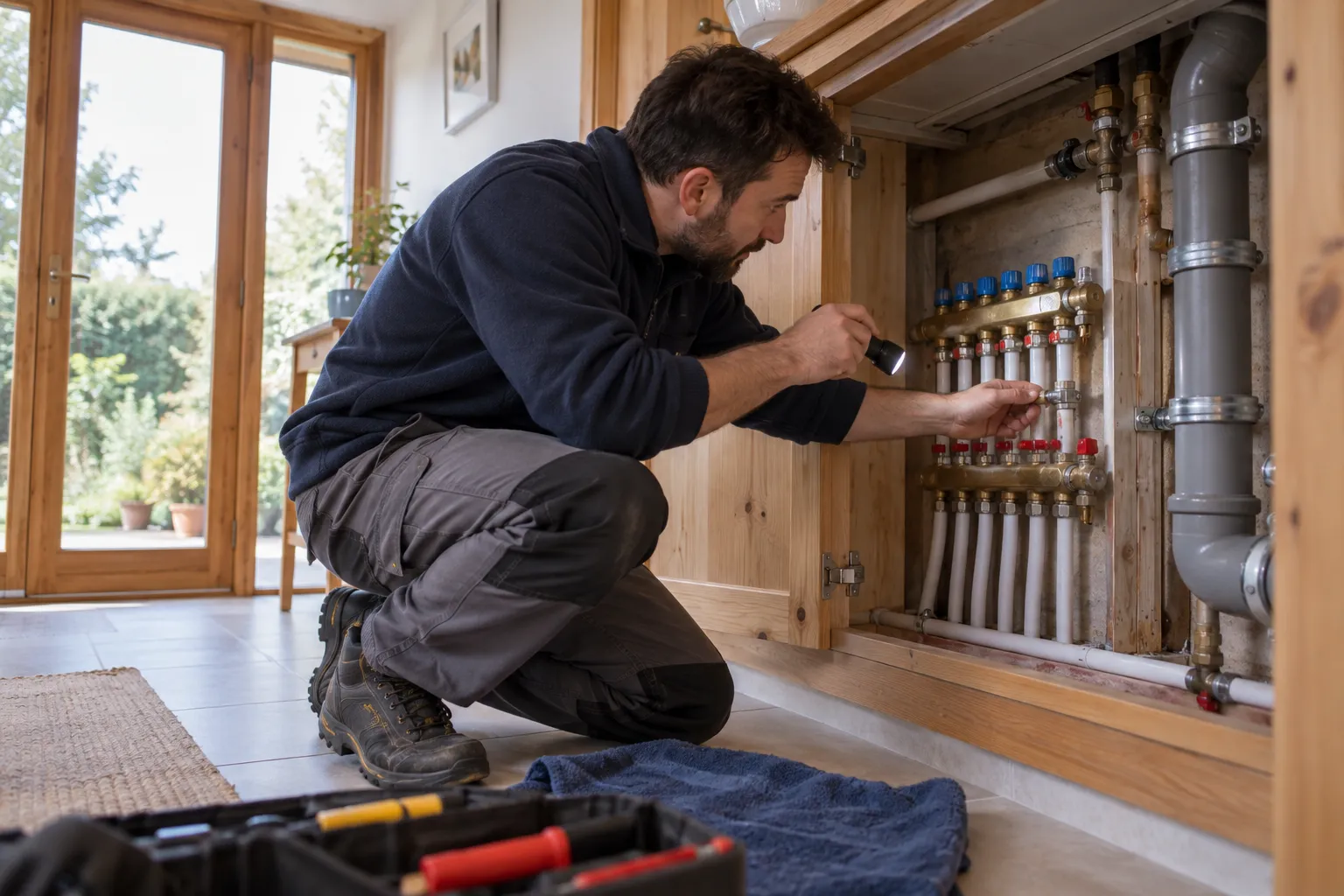 Servis dolabındaki dağıtım bağlantılarını inceleyen teknisyen