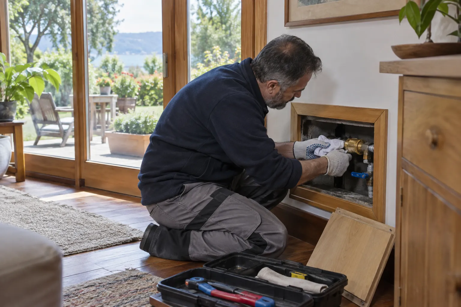 Açık servis bölümündeki boru bağlantısında çalışan teknisyen
