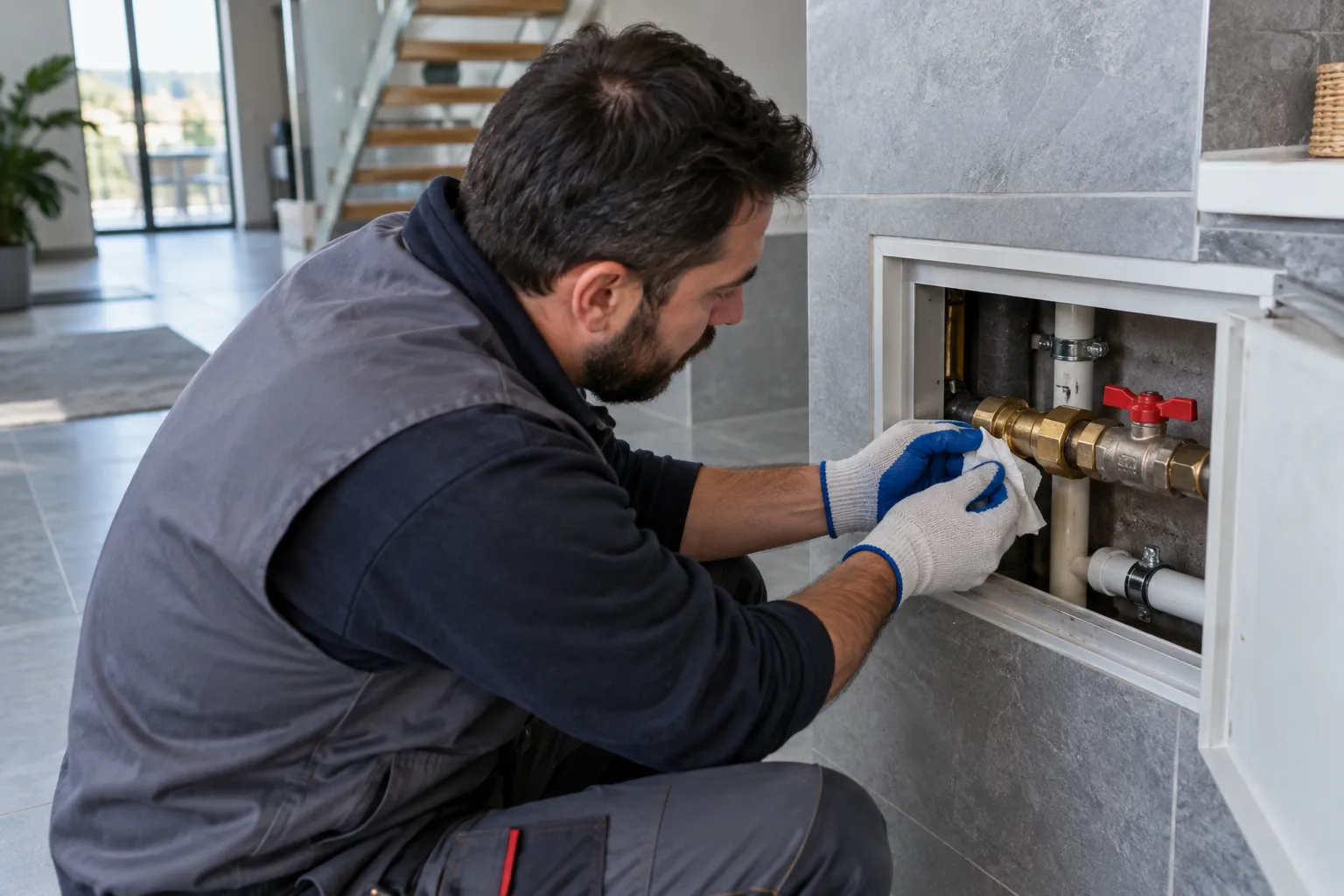Servis açıklığındaki vana bağlantısında çalışan teknisyen