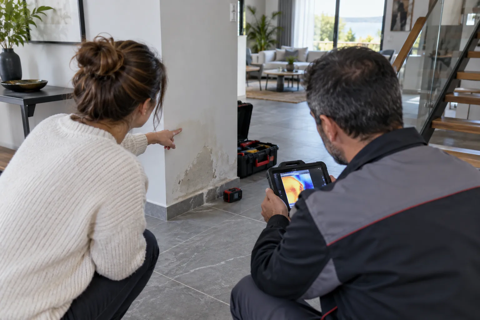 Duvar yanındaki inceleme alanını gösteren kullanıcı ve tablet tutan teknisyen
