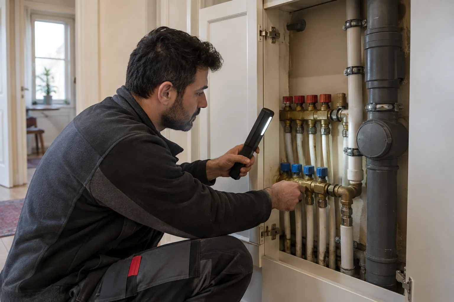 Servis dolabındaki tesisat bağlantılarını inceleyen teknisyen