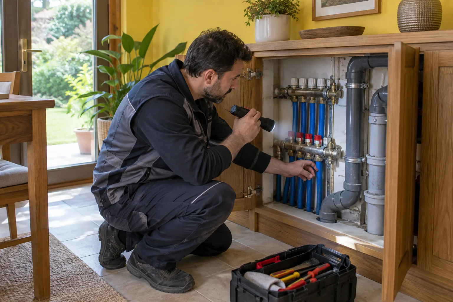 Servis dolabındaki dağıtım bağlantılarını kontrol eden teknisyen