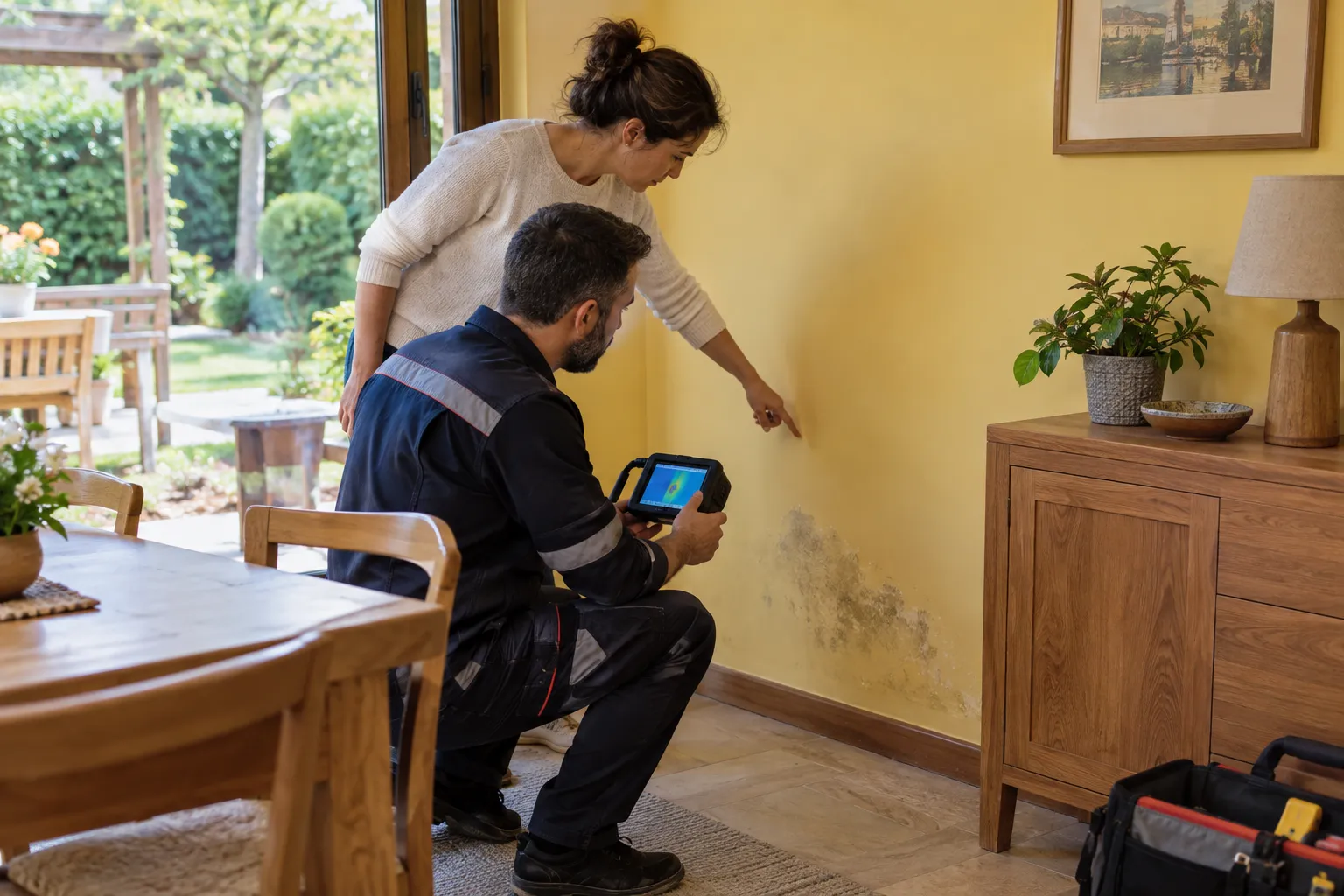 Duvar yanındaki alanı gösteren kullanıcı ve tablet tutan teknisyen