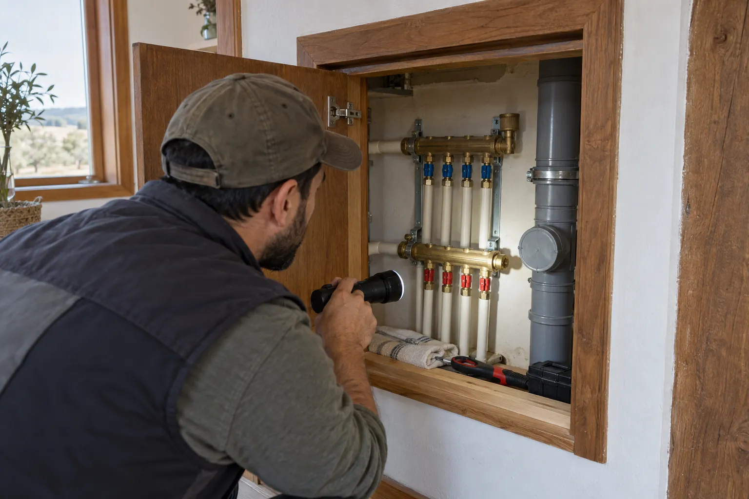 Servis dolabındaki dağıtım bağlantılarını inceleyen teknisyen