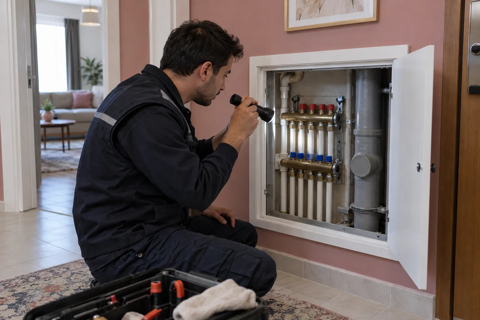 Servis açıklığındaki tesisat bağlantılarını inceleyen teknisyen